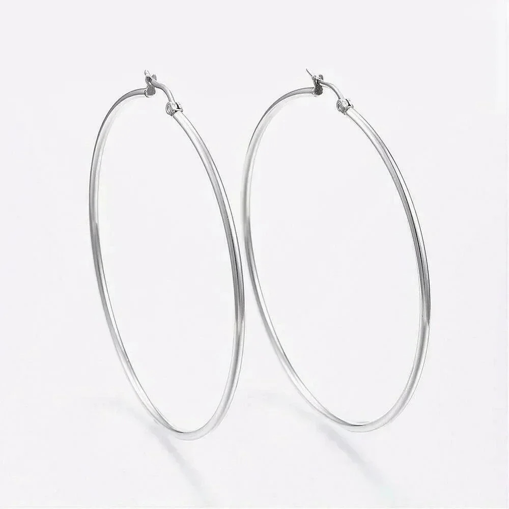 Surgical Stainless Steel Silver Round Minimalist Hoop Earrings 70mm